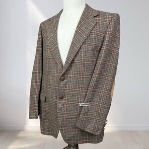 VTG WFF by Farah Wool Tweed Blazer Men 42R Houndstooth Plaid Leather Elbow Patch